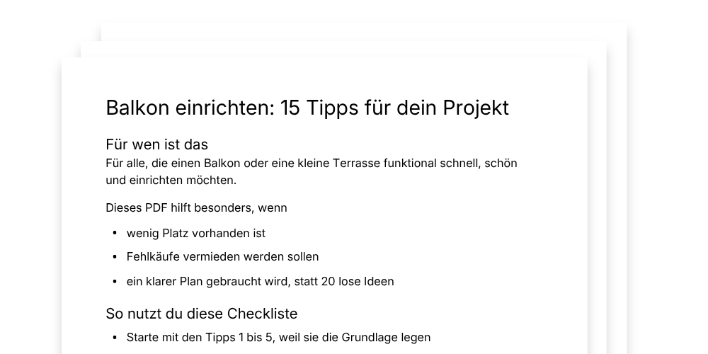 Vorschau des PDF-Guides: Balkon einrichten, 15 Tipps für dein Projekt